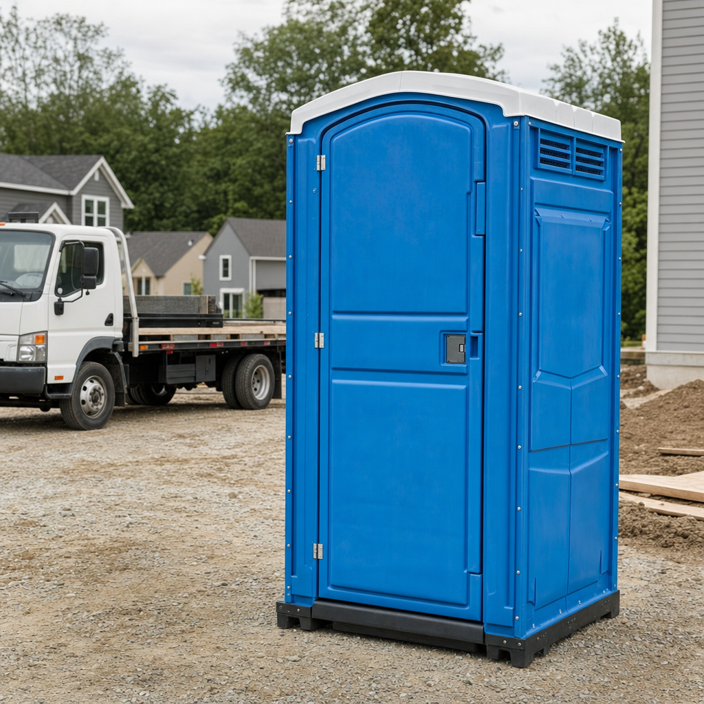 Delivery driver positioning a clean royal-blue portable toilet on level ground at a Palm Bay worksite