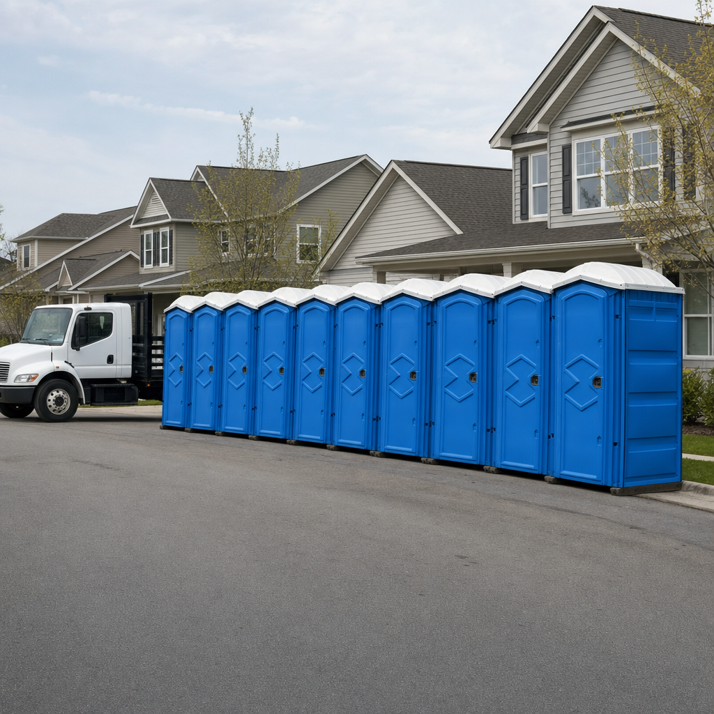 Royal blue portable toilets staged in a tidy row at a Palm Bay jobsite, ready for delivery